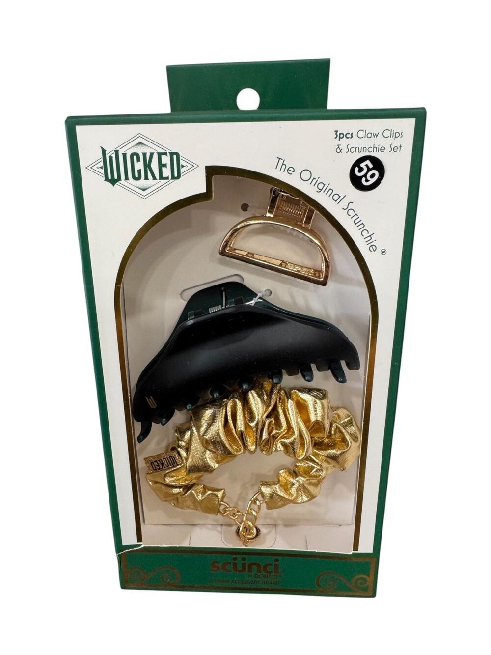 Wicked Scunci Hair Accessory Set 2 Claw Clips 1 Scrunchie Gold Black NIP